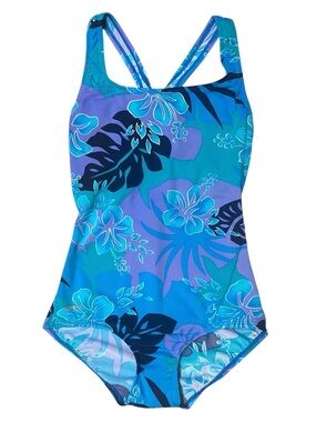 Vintage Speedo Blue Tropical One Piece Swimsuit 8 Coconut Girl Sporty